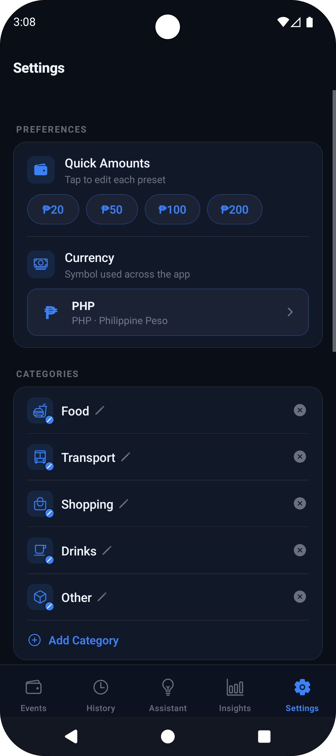 GastosCap Settings screen
